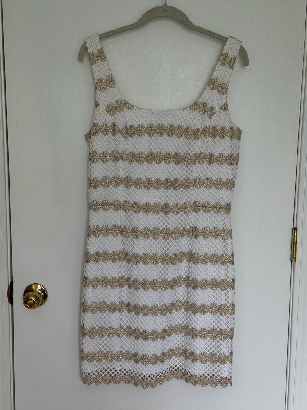 Lilly Pulitzer White and Gold Crochet-Striped Sleeveless Mini Dress